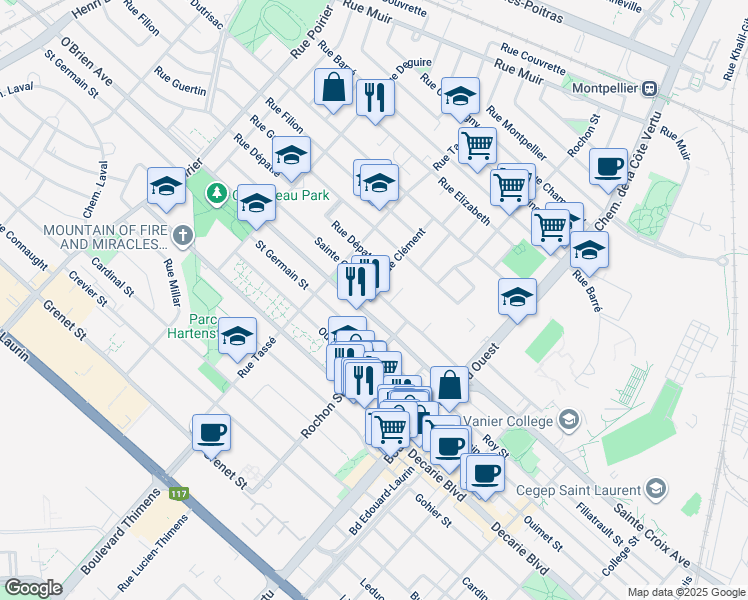 map of restaurants, bars, coffee shops, grocery stores, and more near 1312 Avenue Sainte-Croix in Montréal