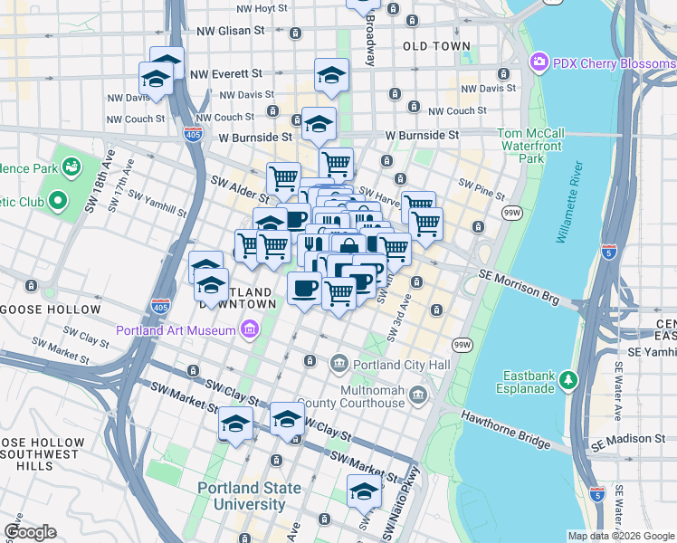 map of restaurants, bars, coffee shops, grocery stores, and more near 600 Southwest Morrison Street in Portland