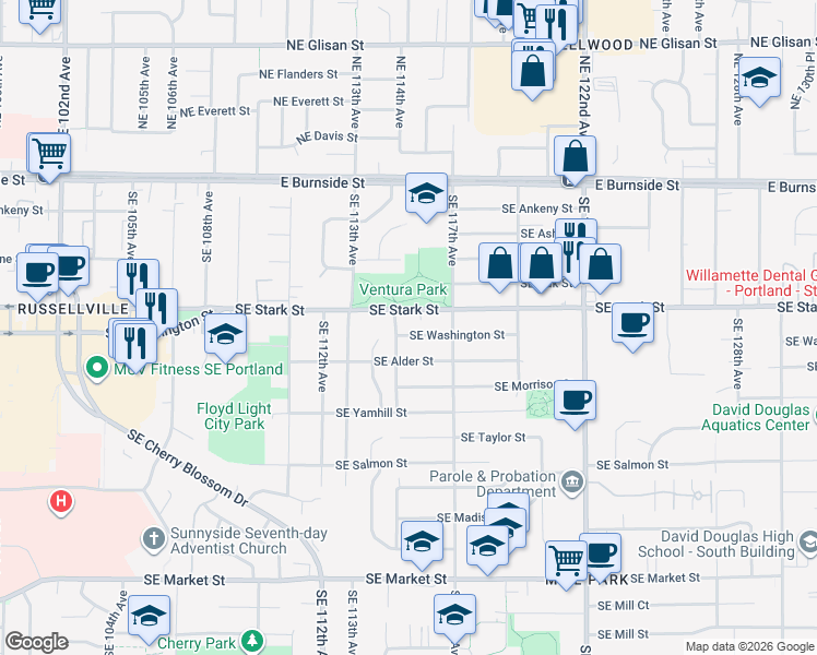 map of restaurants, bars, coffee shops, grocery stores, and more near 11560 Southeast Stark Street in Portland