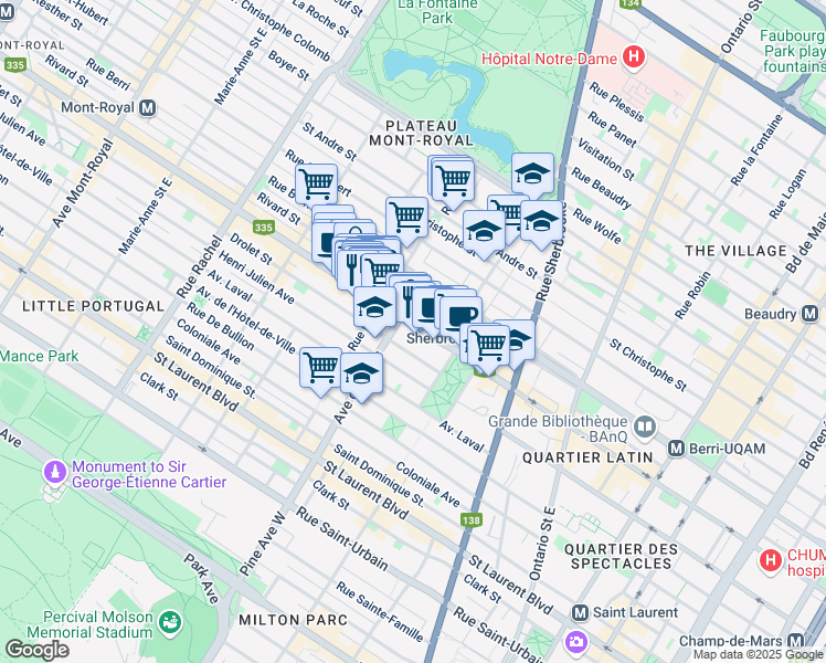 map of restaurants, bars, coffee shops, grocery stores, and more near 3714 Rue St Denis in Montreal
