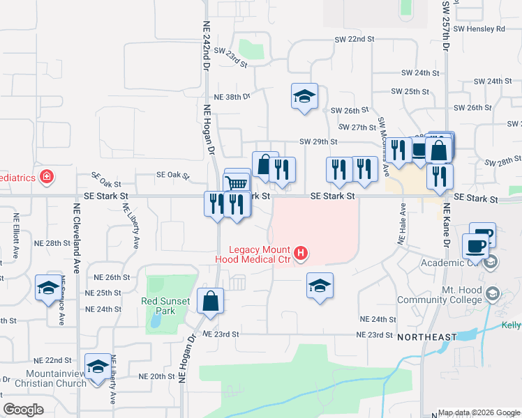 map of restaurants, bars, coffee shops, grocery stores, and more near 24310-24416 Southeast Stark Street in Gresham