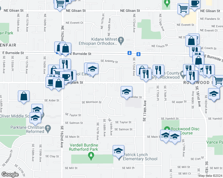 map of restaurants, bars, coffee shops, grocery stores, and more near 16822 Southeast Stark Street in Portland