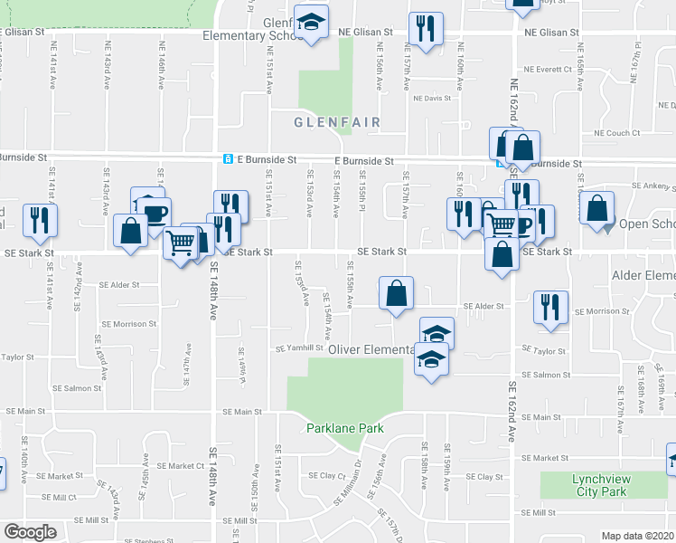 map of restaurants, bars, coffee shops, grocery stores, and more near 15362 Southeast Stark Street in Portland