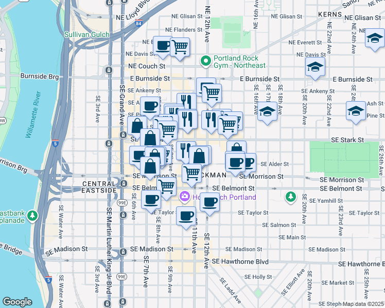 map of restaurants, bars, coffee shops, grocery stores, and more near 1015 Southeast Stark Street in Portland