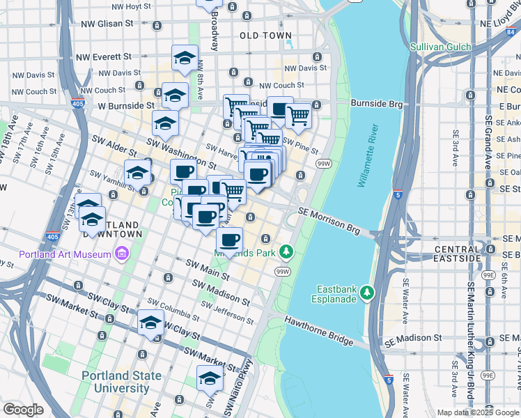 map of restaurants, bars, coffee shops, grocery stores, and more near 431-433 Southwest 2nd Avenue in Portland