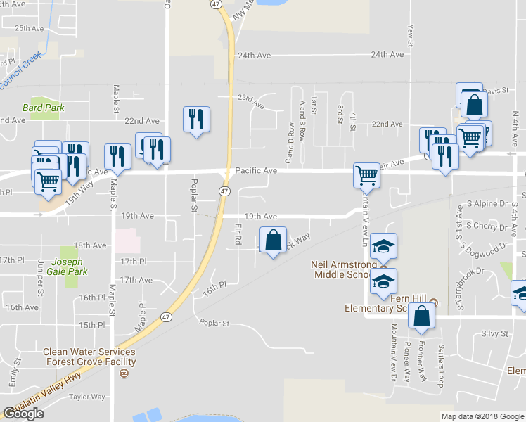 map of restaurants, bars, coffee shops, grocery stores, and more near 1921 Fir Road in Forest Grove