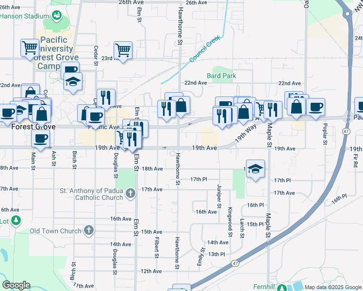map of restaurants, bars, coffee shops, grocery stores, and more near in Forest Grove