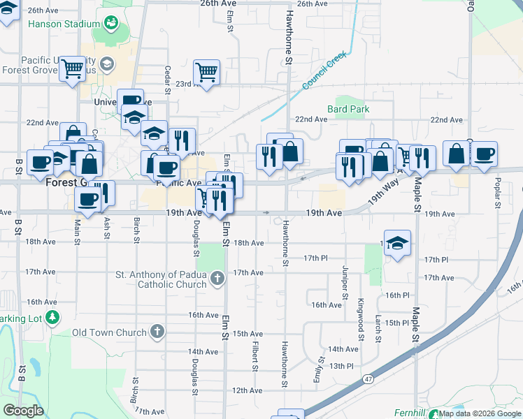 map of restaurants, bars, coffee shops, grocery stores, and more near 1927 Filbert Street in Forest Grove
