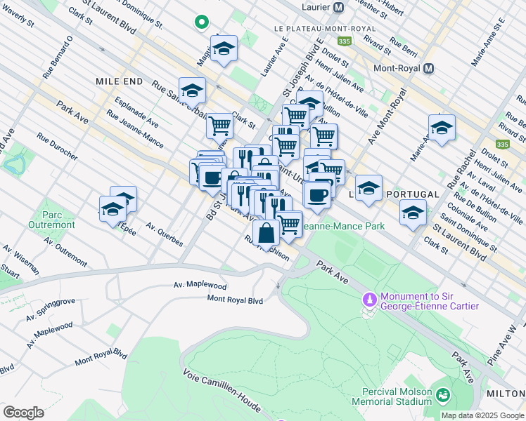 map of restaurants, bars, coffee shops, grocery stores, and more near 272 Rue Villeneuve Ouest in Montréal