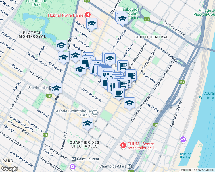 map of restaurants, bars, coffee shops, grocery stores, and more near 1628 Rue Atateken in Montréal