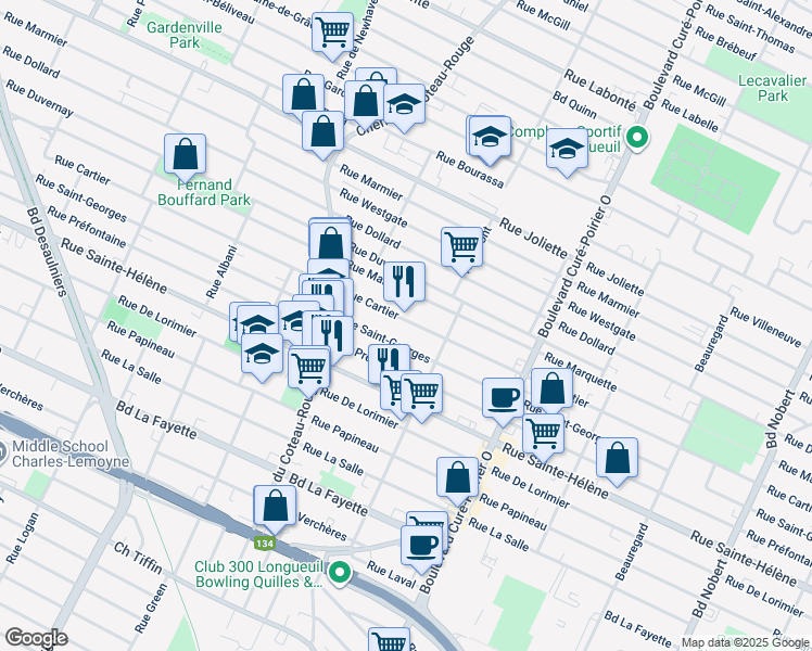 map of restaurants, bars, coffee shops, grocery stores, and more near 1620 Rue Cartier in Longueuil