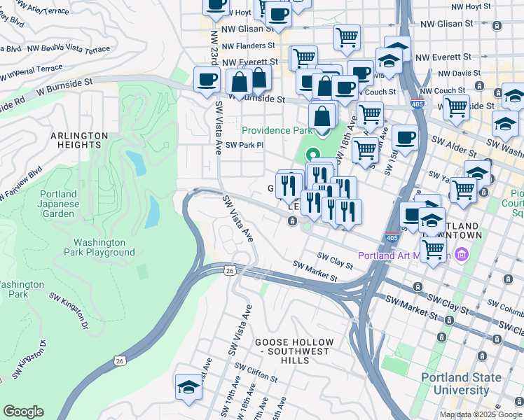 map of restaurants, bars, coffee shops, grocery stores, and more near 2001 Southwest Jefferson Street in Portland