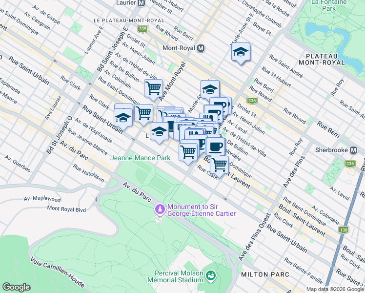 map of restaurants, bars, coffee shops, grocery stores, and more near in Montreal