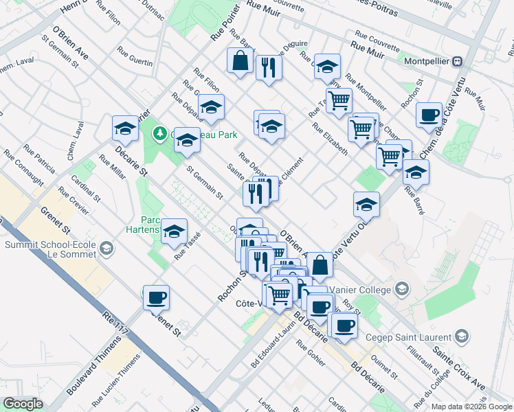 map of restaurants, bars, coffee shops, grocery stores, and more near 1285 Avenue O'Brien in Montréal
