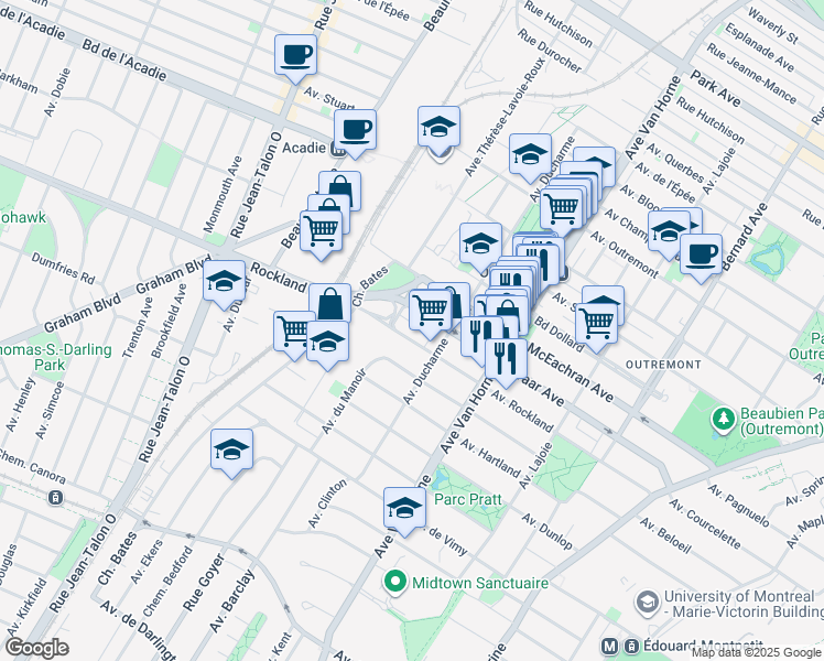 map of restaurants, bars, coffee shops, grocery stores, and more near 957 Avenue Rockland in Montréal