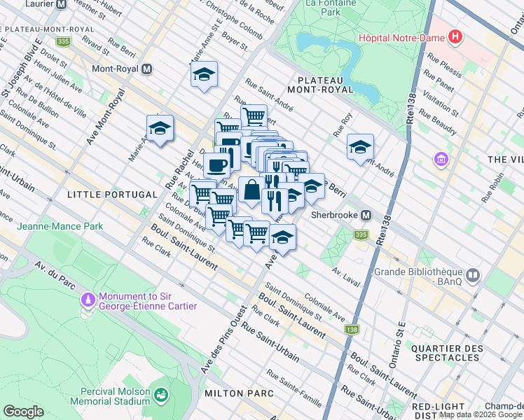 map of restaurants, bars, coffee shops, grocery stores, and more near 3864 Avenue Henri-Julien in Montréal