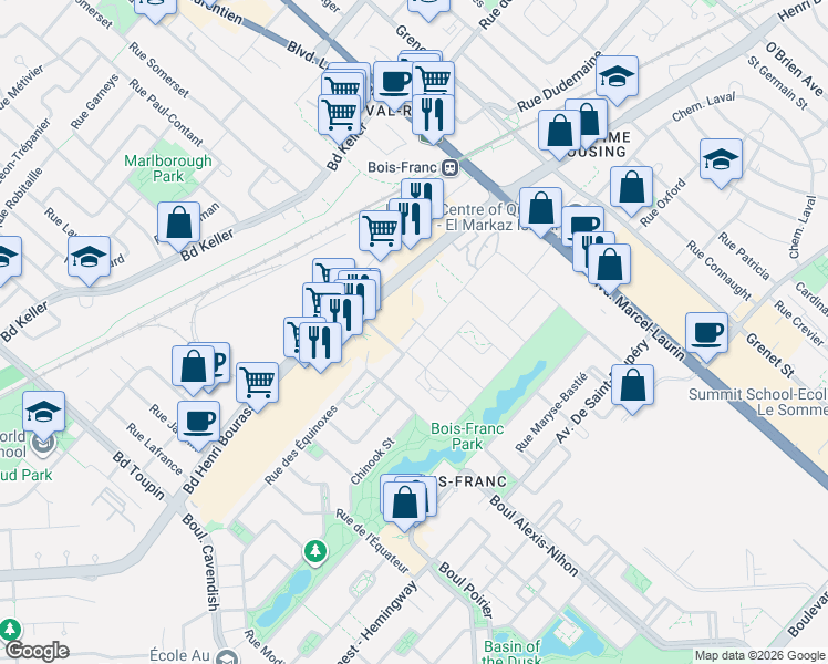 map of restaurants, bars, coffee shops, grocery stores, and more near 2303 Rue Wilfrid-Reid in Montrã©Al