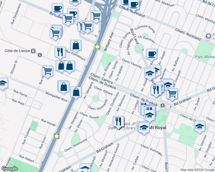 map of restaurants, bars, coffee shops, grocery stores, and more near 2146 Chemin de Dunkirk in Mont-Royal