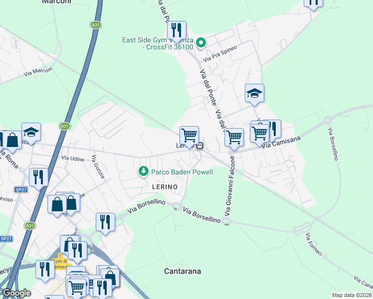 map of restaurants, bars, coffee shops, grocery stores, and more near 145 Via Camisana in Torri di Quartesolo
