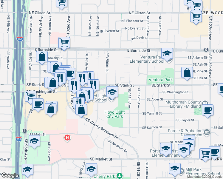 map of restaurants, bars, coffee shops, grocery stores, and more near 10812 Southeast Stark Street in Portland