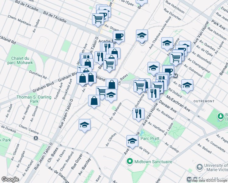 map of restaurants, bars, coffee shops, grocery stores, and more near 30 Chemin Bates in Montréal
