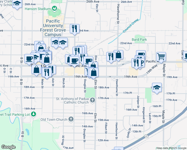 map of restaurants, bars, coffee shops, grocery stores, and more near in Forest Grove