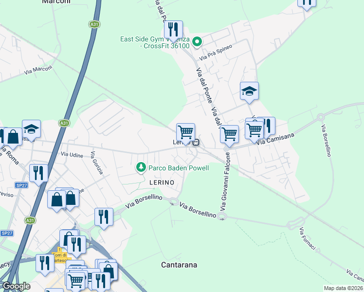 map of restaurants, bars, coffee shops, grocery stores, and more near 145 Via Camisana in Torri di Quartesolo