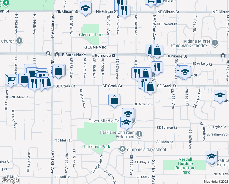 map of restaurants, bars, coffee shops, grocery stores, and more near 513 Southeast 157th Avenue in Portland