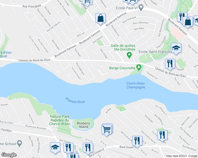 map of restaurants, bars, coffee shops, grocery stores, and more near 729 Boulevard Union in Laval