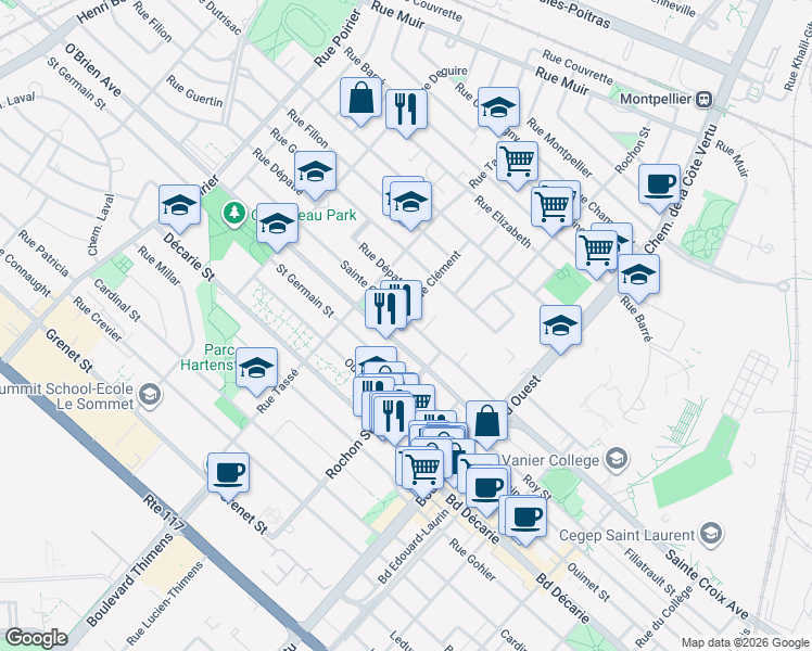 map of restaurants, bars, coffee shops, grocery stores, and more near 1312 Avenue Sainte-Croix in Montréal