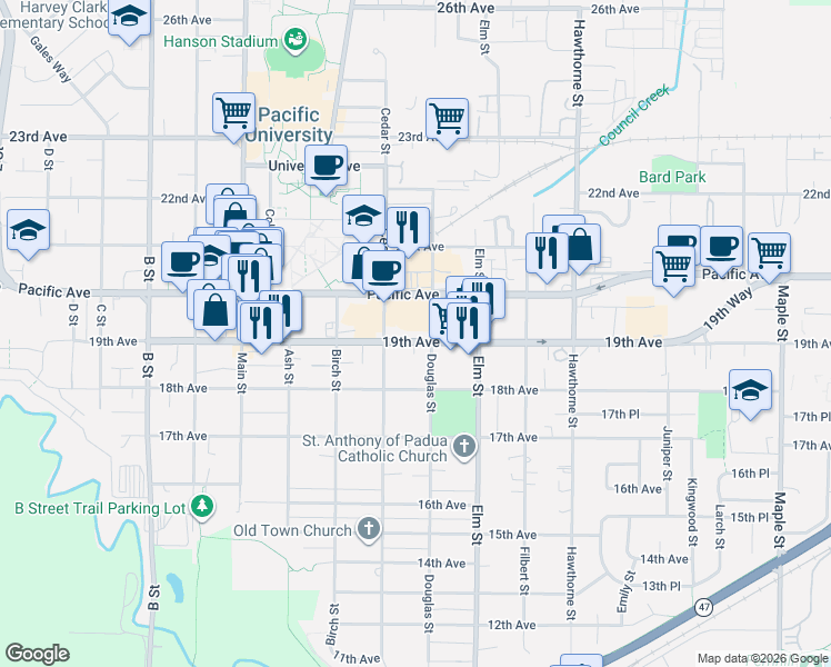 map of restaurants, bars, coffee shops, grocery stores, and more near 2323 19th Avenue in Forest Grove