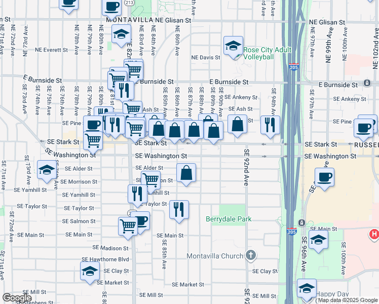 map of restaurants, bars, coffee shops, grocery stores, and more near 8648 Southeast Stark Street in Portland