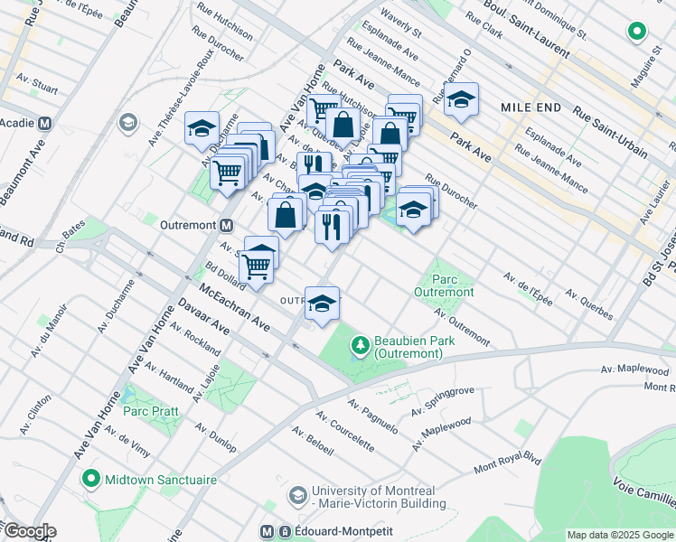 map of restaurants, bars, coffee shops, grocery stores, and more near 1360 Avenue Bernard in Montréal