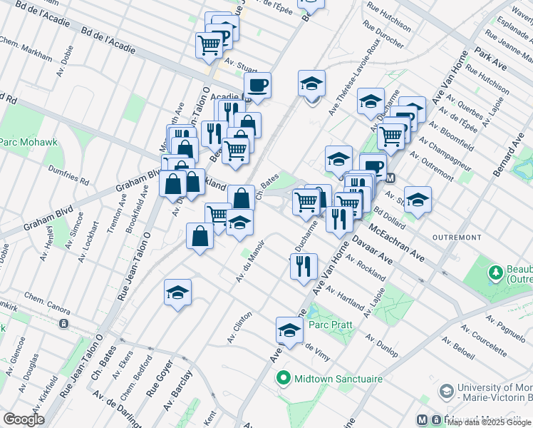 map of restaurants, bars, coffee shops, grocery stores, and more near 1040 Avenue Rockland in Montréal