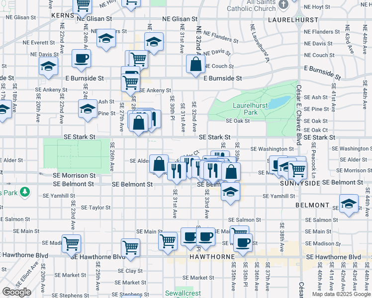 map of restaurants, bars, coffee shops, grocery stores, and more near 3060 Southeast Stark Street in Portland