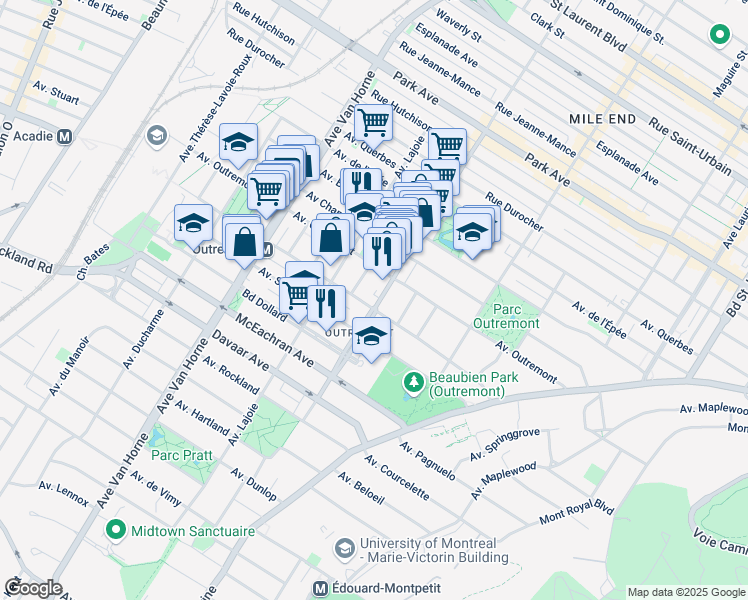 map of restaurants, bars, coffee shops, grocery stores, and more near 1385 Avenue Bernard in Montréal