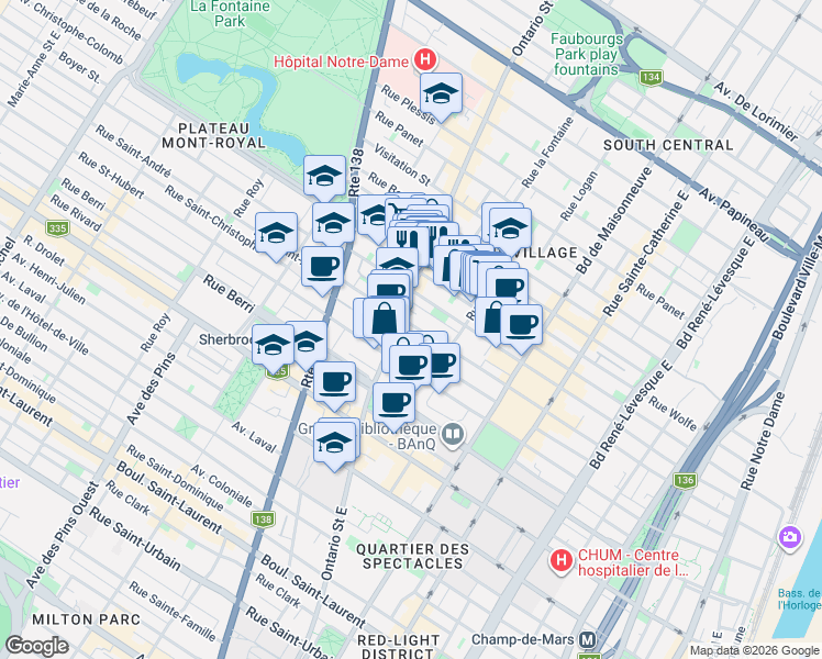 map of restaurants, bars, coffee shops, grocery stores, and more near 1862 Rue Saint-André in Montréal