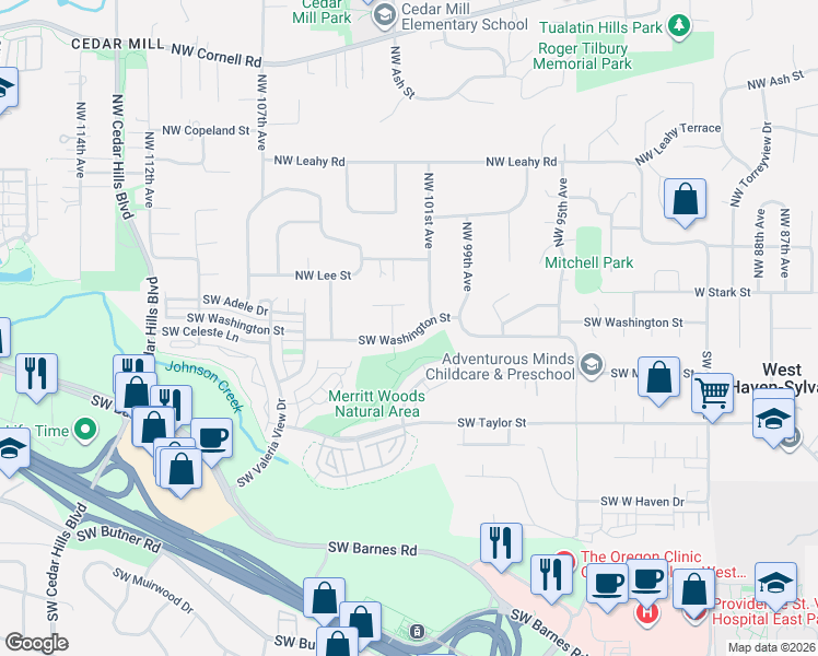 map of restaurants, bars, coffee shops, grocery stores, and more near 10151 Southwest Washington Street in Portland