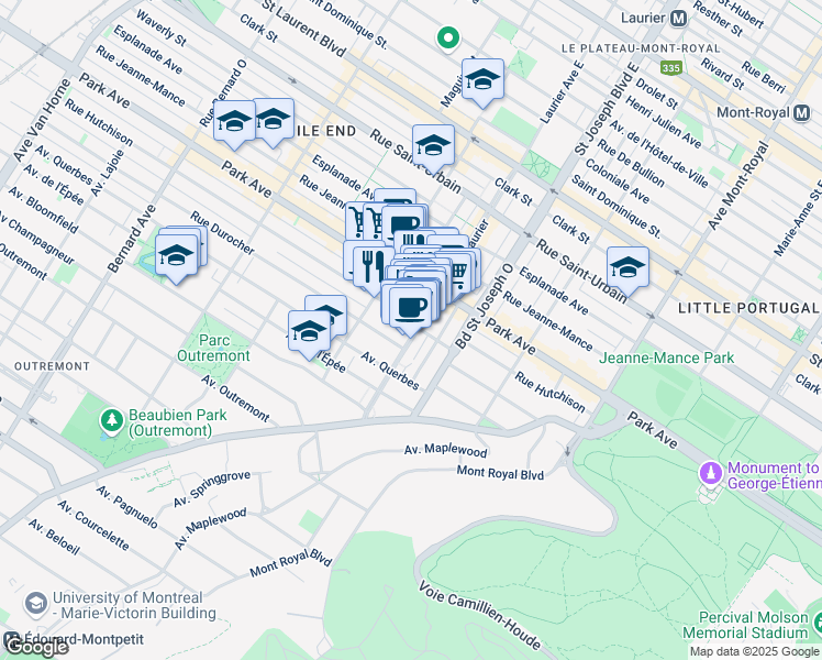 map of restaurants, bars, coffee shops, grocery stores, and more near 1007 Avenue Laurier Ouest in Montréal