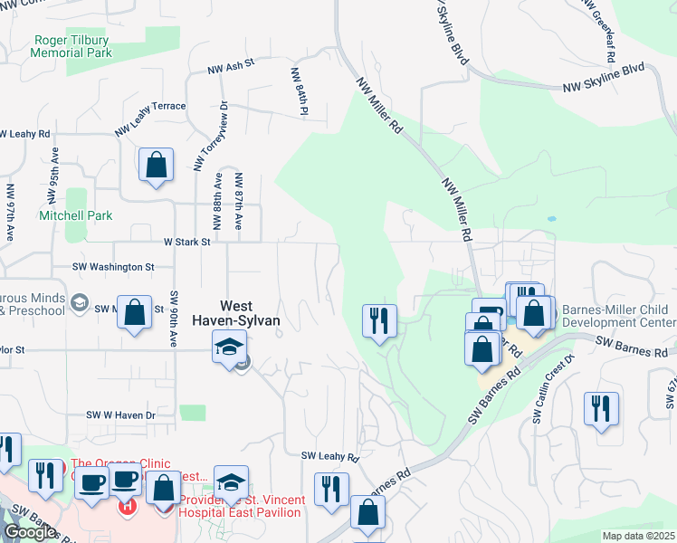 map of restaurants, bars, coffee shops, grocery stores, and more near 120 Southwest Moonridge Place in Portland