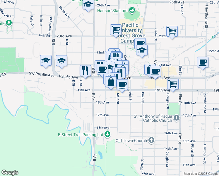 map of restaurants, bars, coffee shops, grocery stores, and more near 1924 A Street in Forest Grove