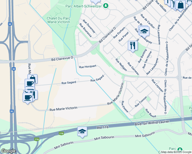 map of restaurants, bars, coffee shops, grocery stores, and more near 525-615 Rue Sagard in St-Bruno-de-Montarville