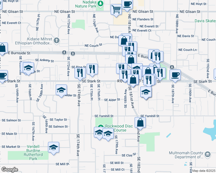 map of restaurants, bars, coffee shops, grocery stores, and more near 17700 Southeast Stark Street in Portland