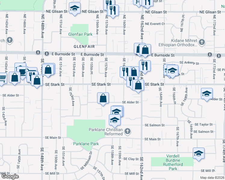 map of restaurants, bars, coffee shops, grocery stores, and more near 15834 Southeast Stark Street in Portland