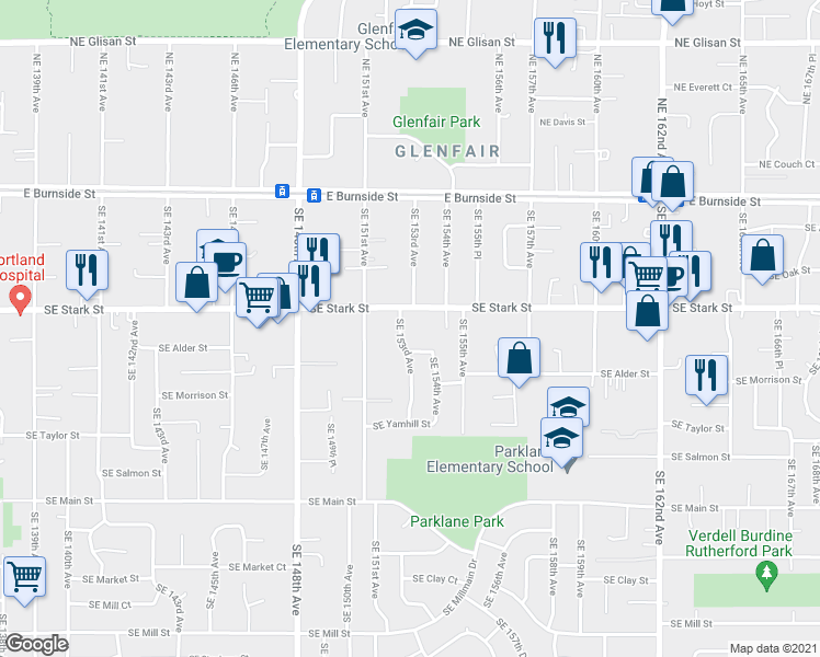 map of restaurants, bars, coffee shops, grocery stores, and more near 15220 Southeast Stark Street in Portland