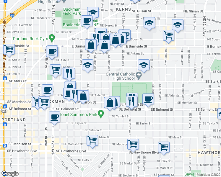map of restaurants, bars, coffee shops, grocery stores, and more near 519 Southeast 20th Avenue in Portland