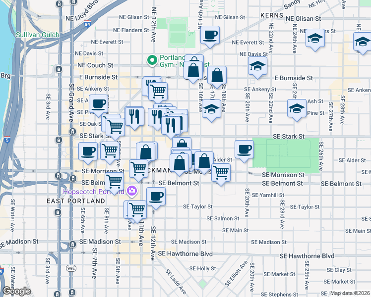 map of restaurants, bars, coffee shops, grocery stores, and more near 1436 Southeast Stark Street in Portland