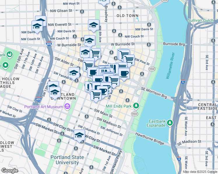 map of restaurants, bars, coffee shops, grocery stores, and more near 700 Southwest 5th Avenue in Portland