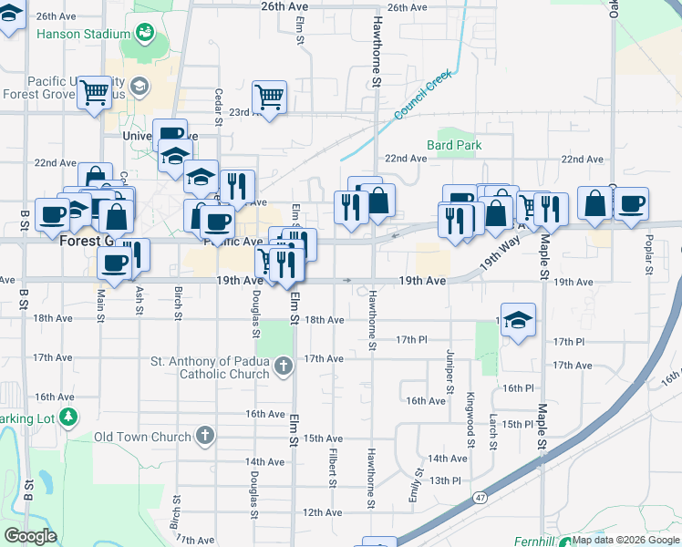 map of restaurants, bars, coffee shops, grocery stores, and more near 1927 Filbert Street in Forest Grove