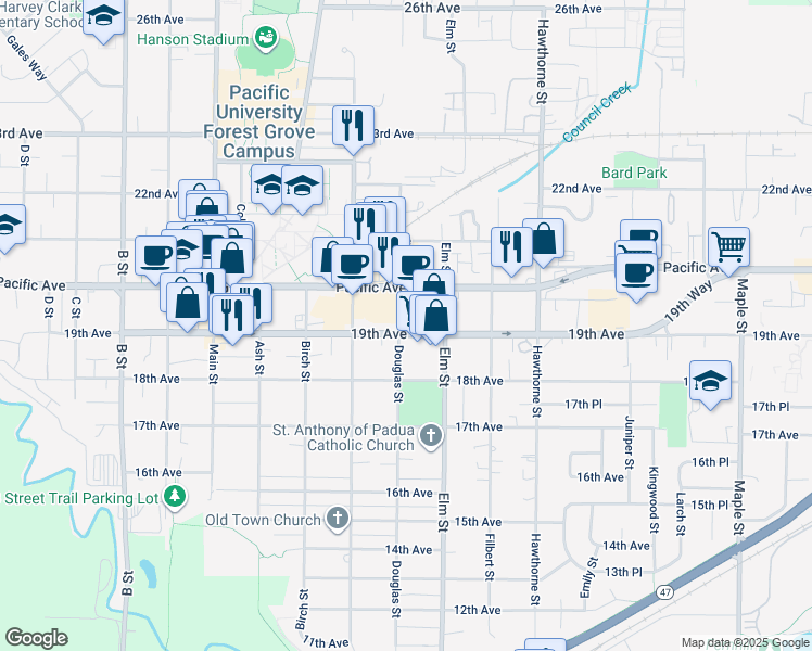 map of restaurants, bars, coffee shops, grocery stores, and more near 1924 Douglas Street in Forest Grove